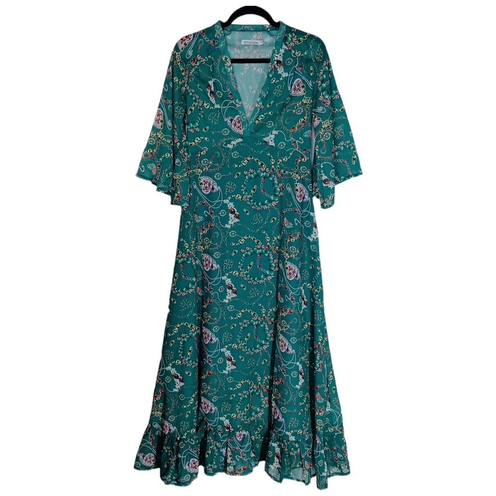 MISSLOOK Teal Green Colorful Jewel Print V Neck Flare Sleeve Maxi Dress Medium